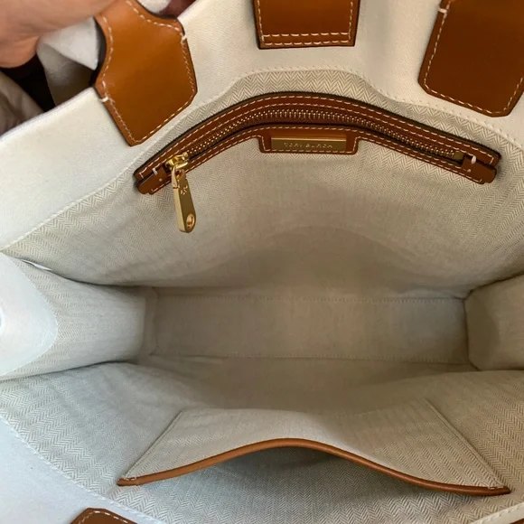 Authentic TORY BURCH Leather/Cotton printed magnetic snap long Tote - Picture 9 of 12